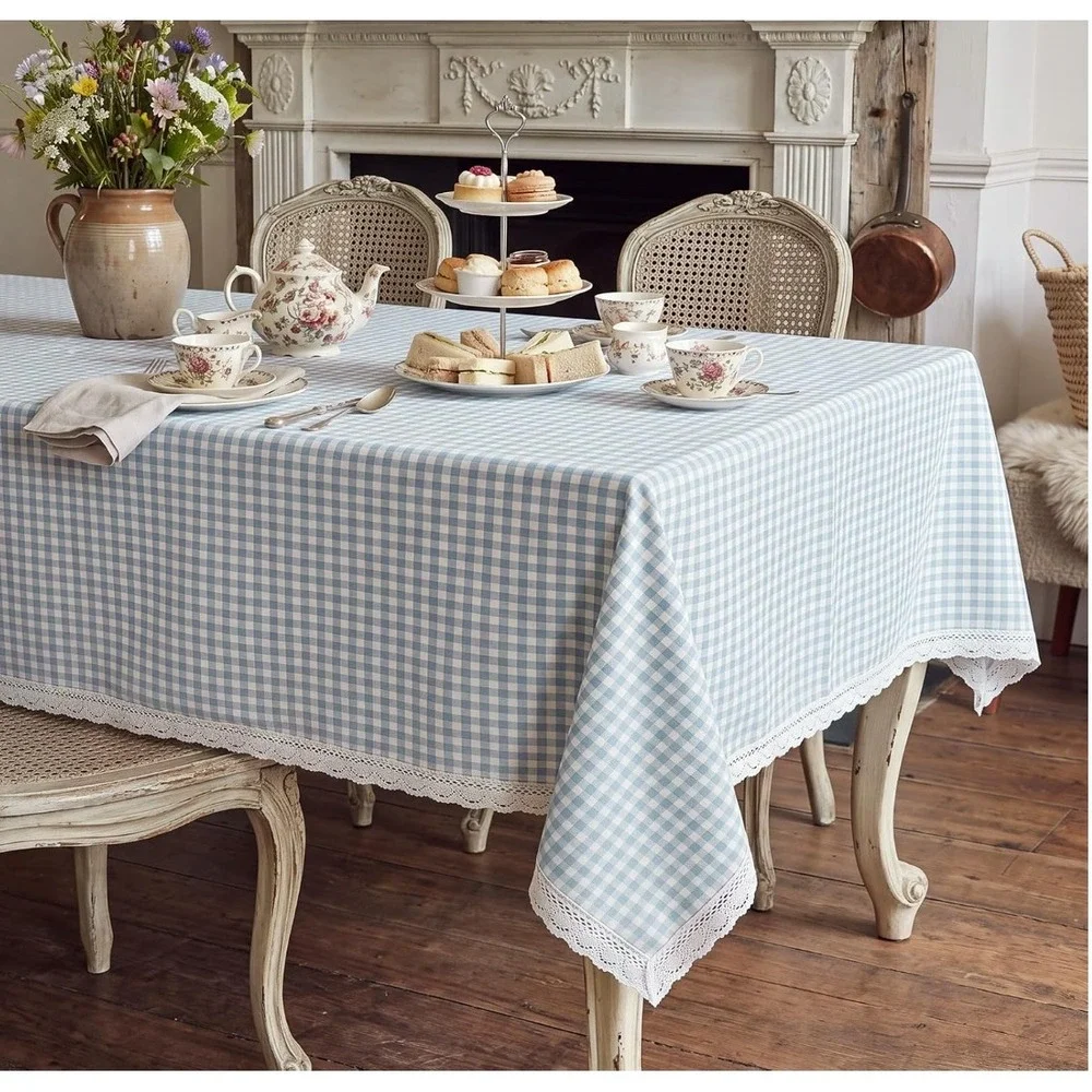 Blue Gingham Checkered Tablecloth with White Lace Trim | 52x70 Rectangular NEW